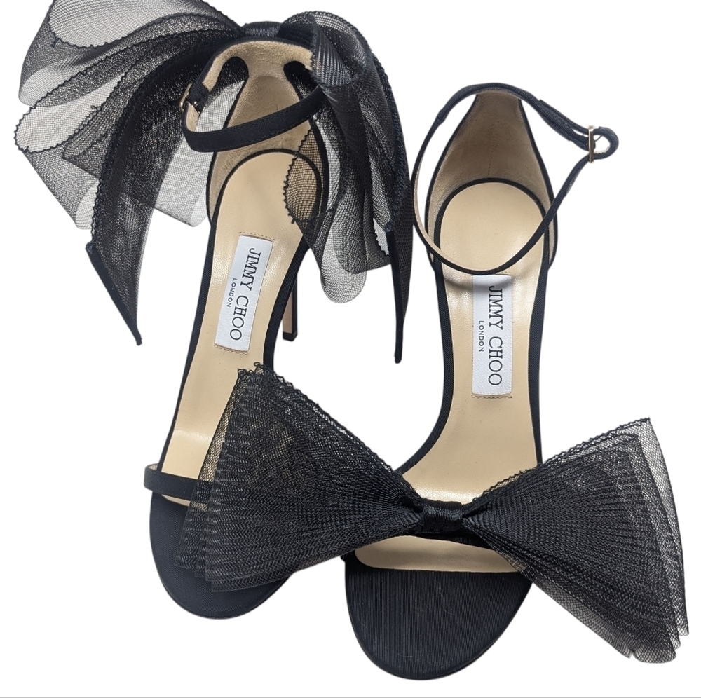 NIB Jimmy Choo Black Aveline 100 Bow Stiletto Heel Sandal Size 39.5